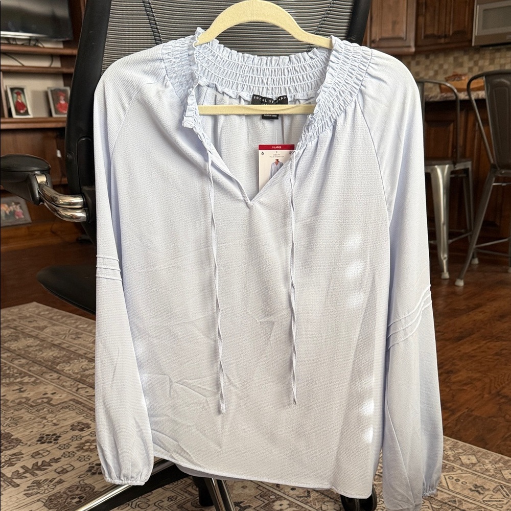 Elegant Light Blue Smocked Neck Blouse